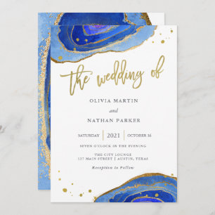 Invitación Geode azul acuarela con oro  Boda