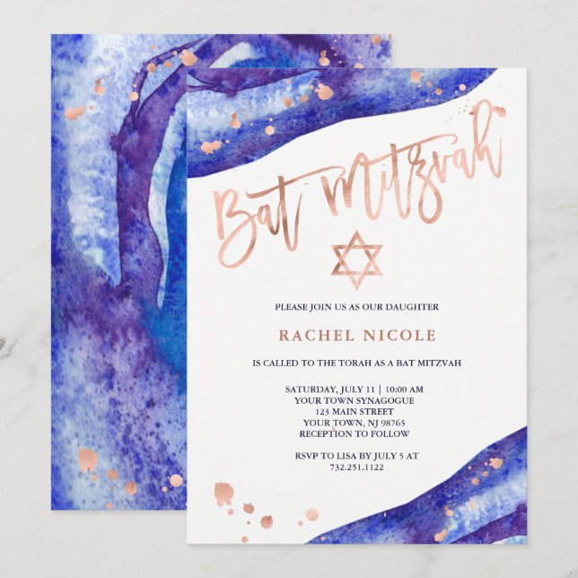 Invitación Geode azul y Faux Rosa Gold Look Bat Mitzvah (Anverso / Reverso)
