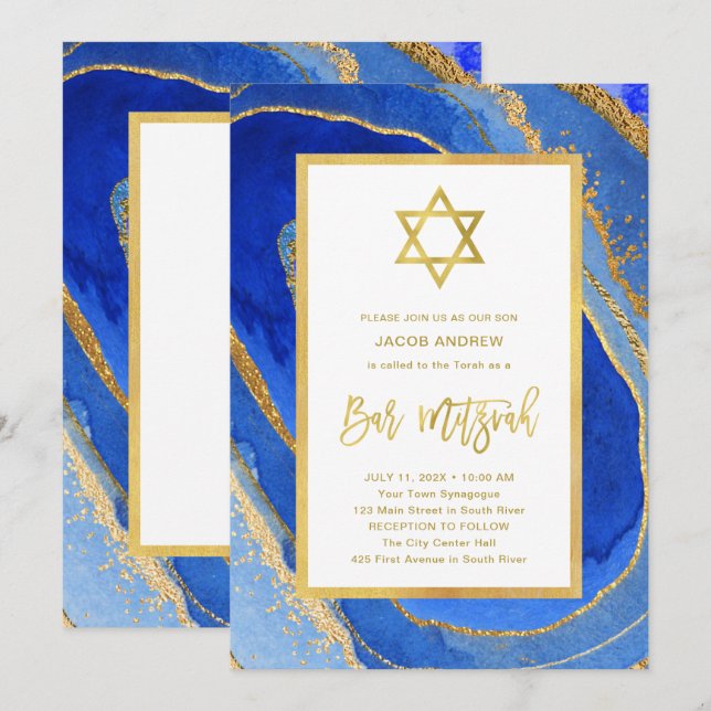 Invitación Geode azul y oro | Estrella de David Bar Mitzvah (Anverso / Reverso)