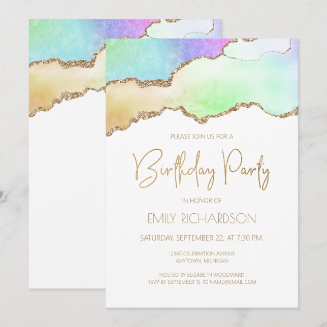 Invitación Geode de la Agata de Oro Rainbow Pastel de cualqui (Anverso / Reverso)