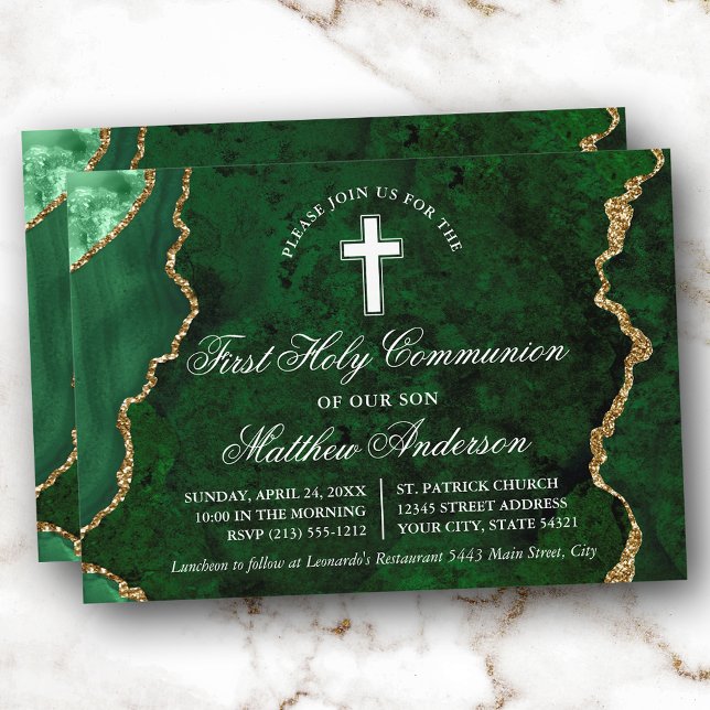 Invitación Geode de la primera comunión del Green Gold Marble (Customize to change text size, text style or to add more text to back of card.)