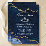 Invitación Geode de la Quinceanera Blue Gold Marble Agode<br><div class="desc">Moderna y elegante acuarela azul y oro Agate Geode Quinceanera Invitación</div>