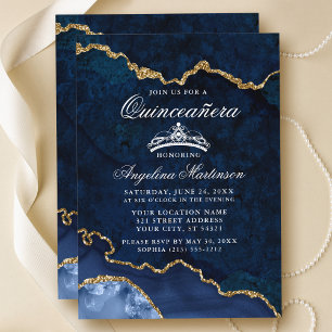 Invitación Geode de la Quinceanera Blue Gold Marble Agode