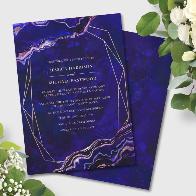 Invitación Geode geométrico moderno Boda de Agate Azul Profun (Subido por el creador)
