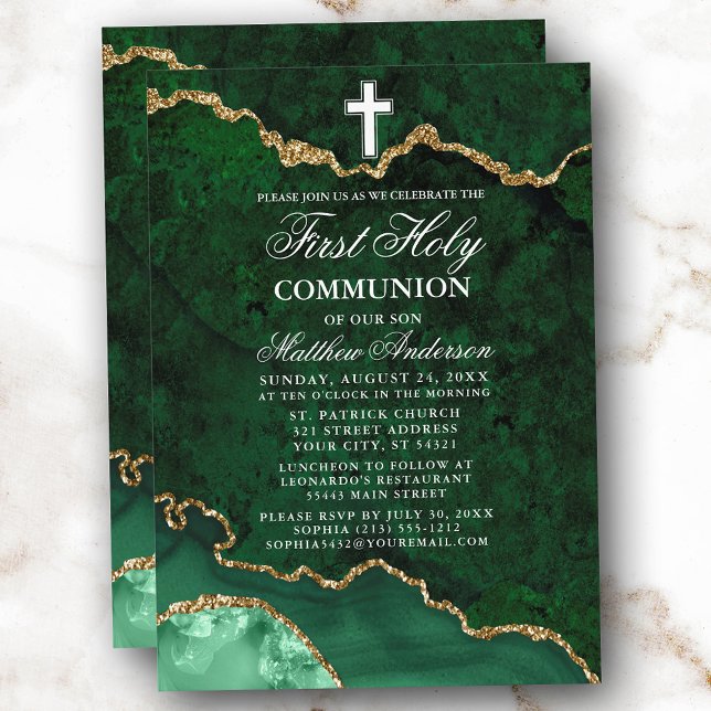 Invitación Geode Green Gold Marble Agate Geode First Holy Com (Customize to change text size or text style.)