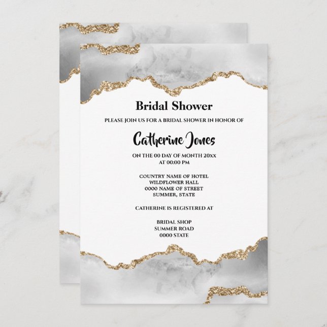 Invitación Geode moda oro agate blanco acuarela novia (Anverso / Reverso)