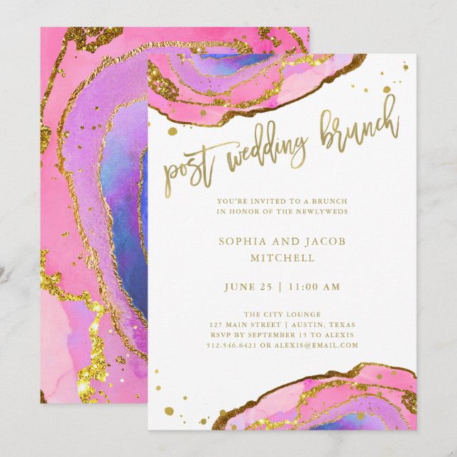 Invitación Geode rosa y azul con brunch Boda Post Gold (Anverso / Reverso)