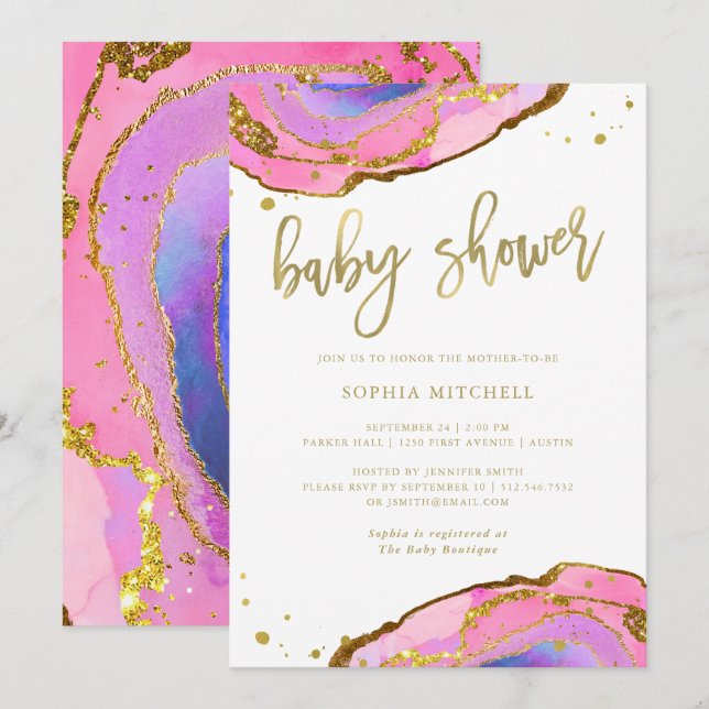 Invitación Geode rosa y azul con oro| Baby Shower (Anverso / Reverso)