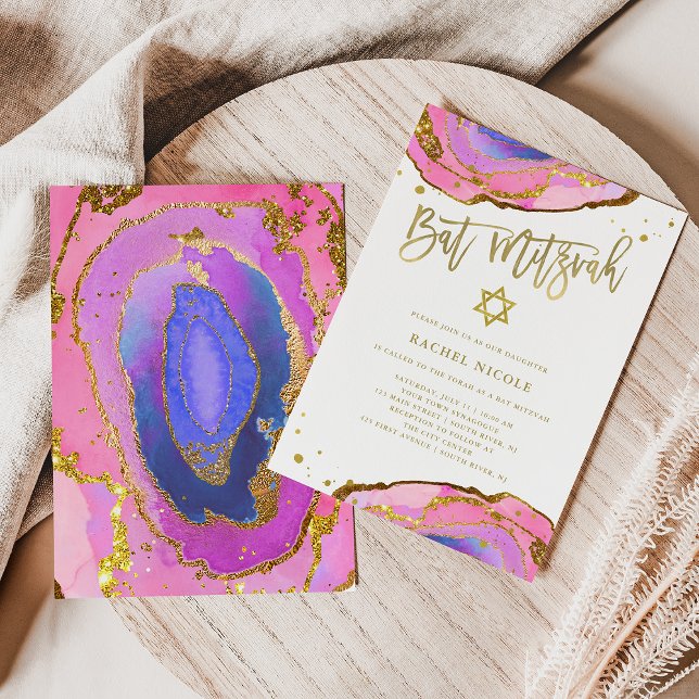 Invitación Geode rosa y azul con oro | Bat Mitzvah (Subido por el creador)