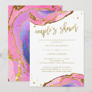 Invitación Geode rosa y azul con oro   Ducha de parejas