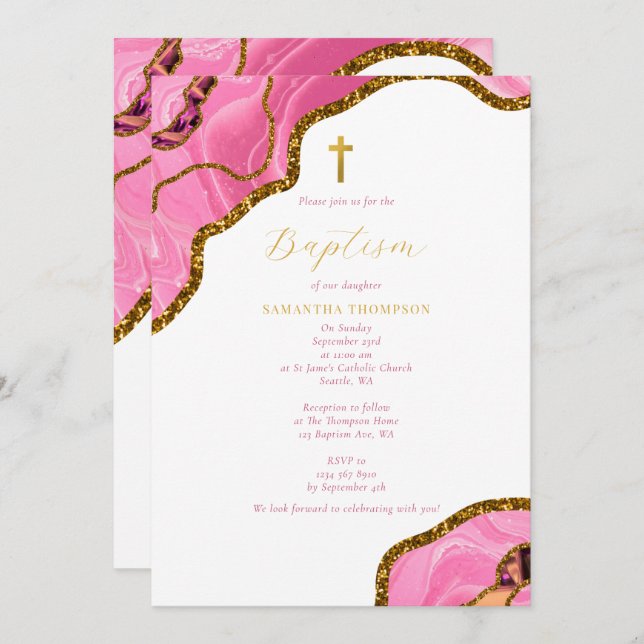 Invitación Geode rosado Agate Gold Cross Baptism Christening (Anverso / Reverso)