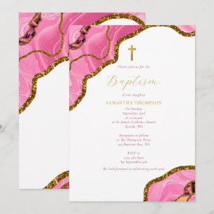 Invitación Geode rosado Agate Gold Cross Baptism Christening