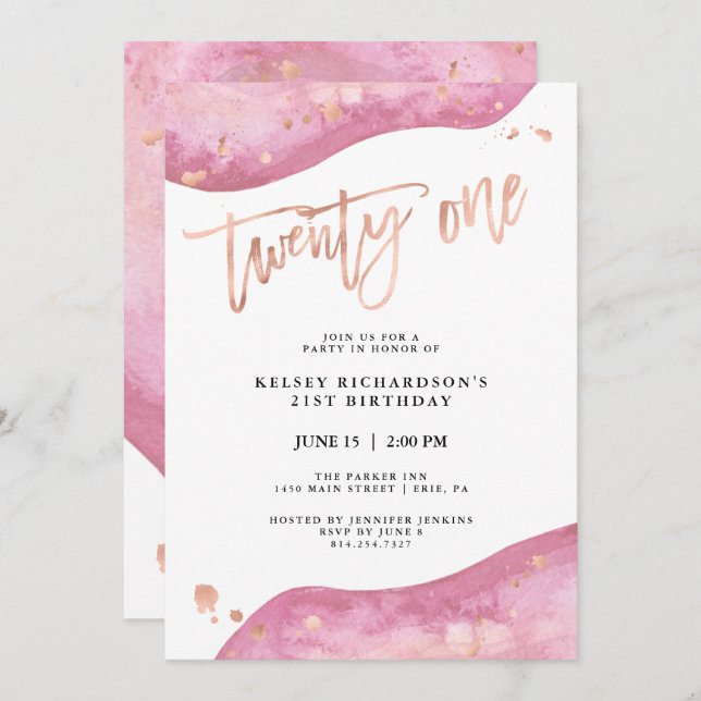 Invitación Geode rosado y aspecto de oro falso Rosa | 21 cump (Anverso / Reverso)