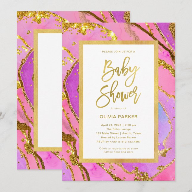 Invitación Geode rosado y oro de bonito | Baby Shower (Anverso / Reverso)