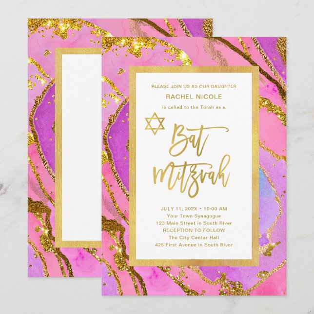 Invitación Geode rosado y oro de bonito | Bat Mitzvah (Anverso / Reverso)
