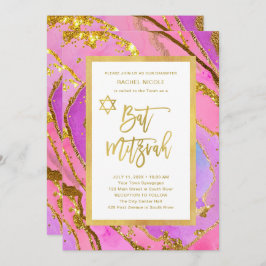 Invitación Geode rosado y oro de bonito | Bat Mitzvah