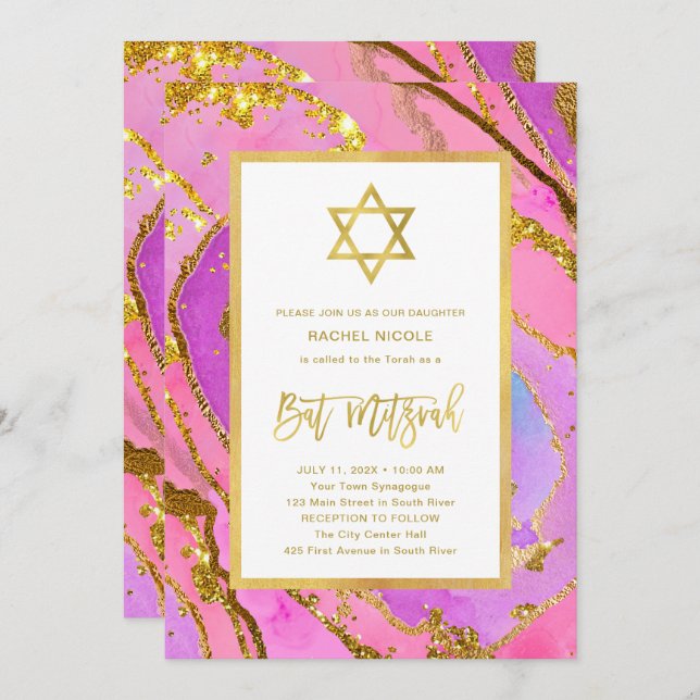 Invitación Geode rosado y oro | Estrella de David Bat Mitzvah (Anverso / Reverso)