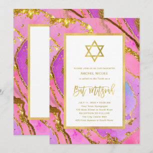 Invitación Geode rosado y oro   Estrella de David Bat Mitzvah