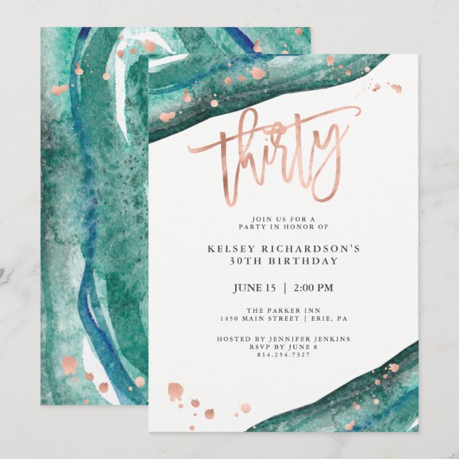 Invitación Geode verde azulado y falso Rosa Gold Look | 30 cu (Anverso / Reverso)