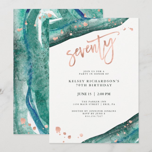 Invitación Geode verde azulado y falso Rosa Gold Look | 70 cu (Anverso / Reverso)