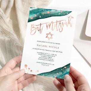 Invitación Geode verde azulado y Faux Rosa Gold Look Bat Mitz