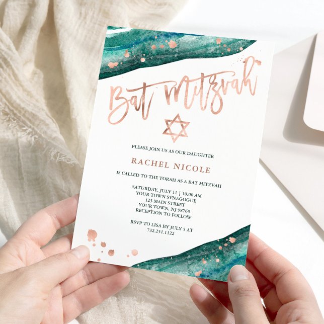 Invitación Geode verde azulado y Faux Rosa Gold Look Bat Mitz (Subido por el creador)