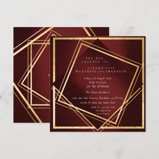 Invitación Geometría de la maroon de Borgoña Cumpleaños de la (Anverso / Reverso)