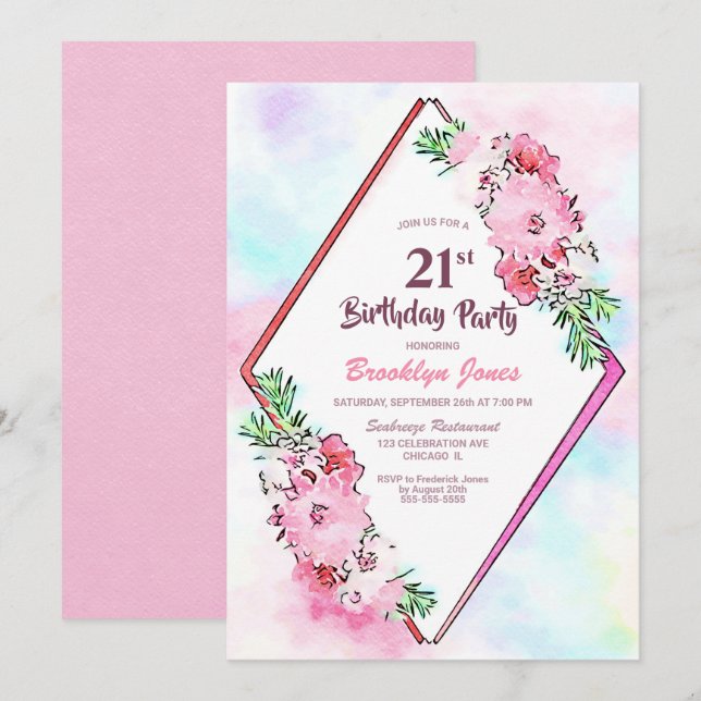 Invitación Geometría floral rosa 21ª Fiesta de cumpleaños (Anverso / Reverso)