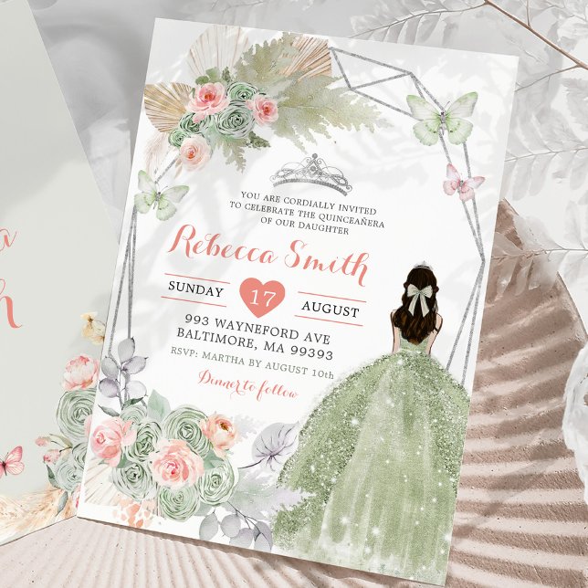 Invitación Geometría floral verde boho rosado 15 años (Subido por el creador)