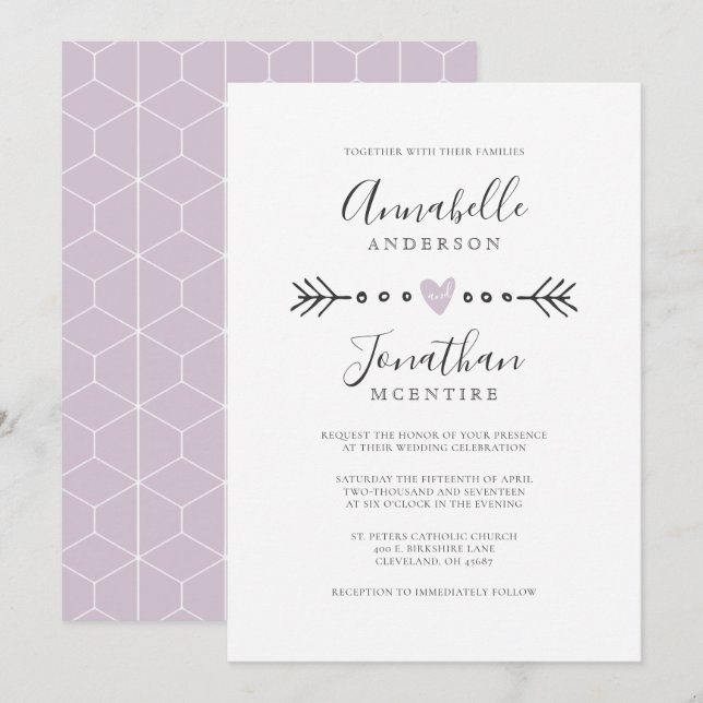 Invitación Geometría simple Corazón y Boda Lilac de flecha (Anverso / Reverso)