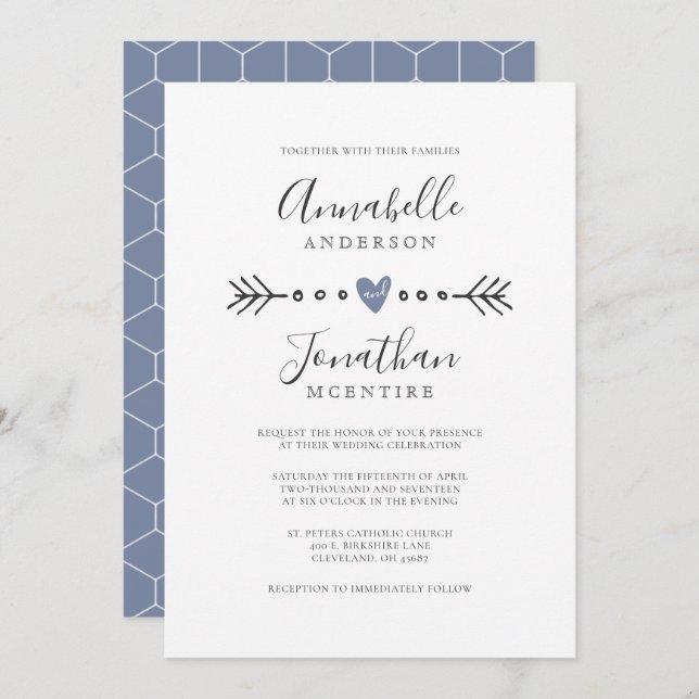 Invitación Geometría simple Corazón y flecha Boda azul turbio (Anverso / Reverso)
