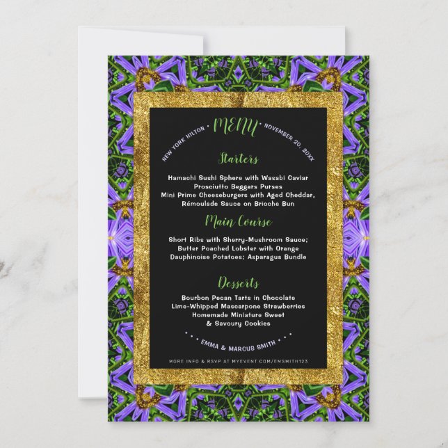 Invitación Geometría Verde Púrpura Energía Menú de eventos es (Anverso)