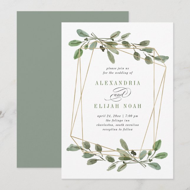 Invitación Geometría y vegetación de oro simples| Boda (Anverso / Reverso)