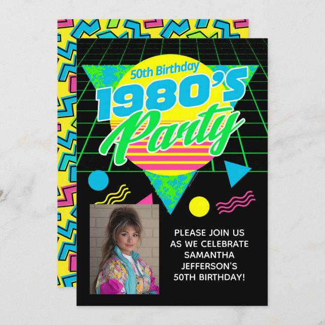 Invitación Geometric 1980s 80s 50th Photo Birthday Party (Anverso / Reverso)