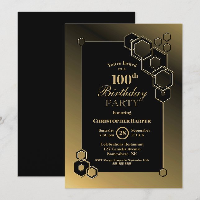 Invitación Geometric Black and Gold 100th Birthday Party (Anverso / Reverso)