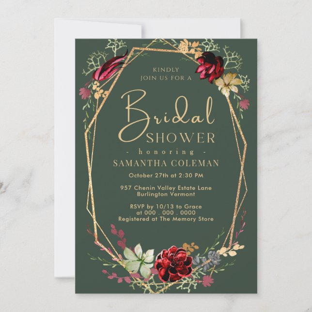 Invitación Geometric Boho Wildflower Dark Green Bridal Shower (Anverso)