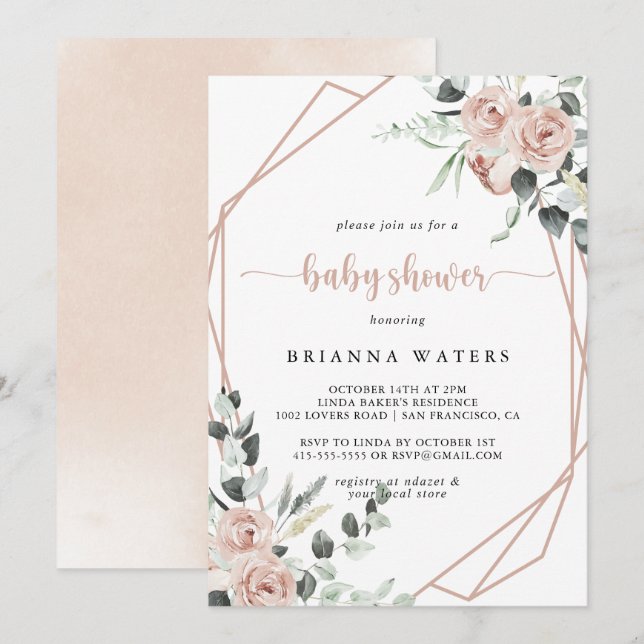Invitación Geometric Classic Dusty Rosa Rosa Baby Shower (Anverso / Reverso)
