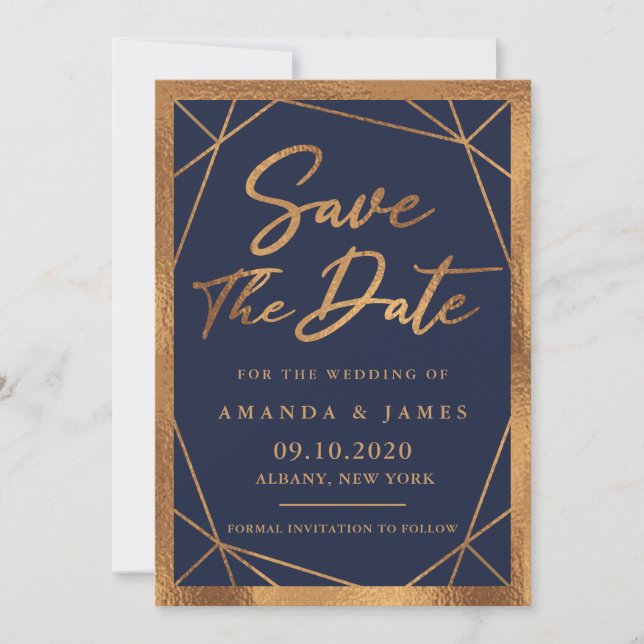Invitación Geometric Cooper Gold Y Navy Blue Salvan La Fecha (Anverso)