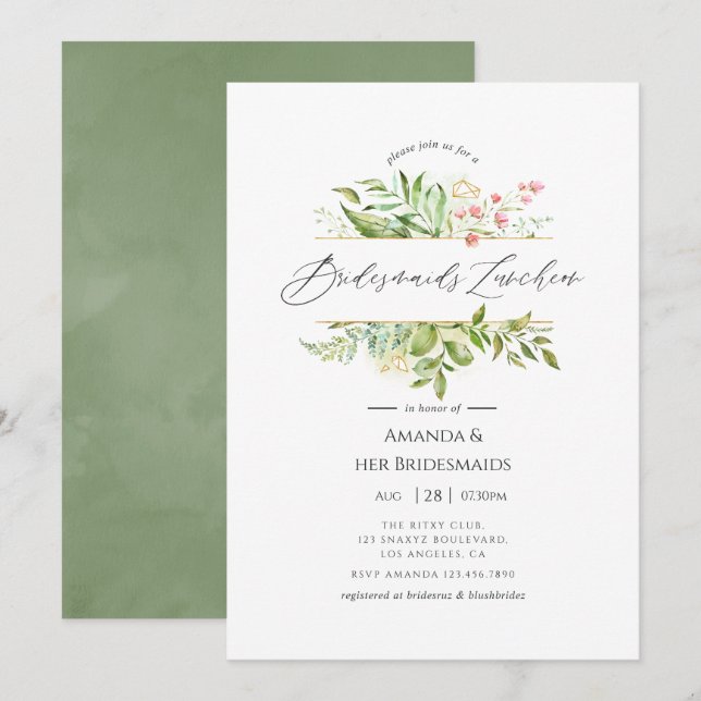 Invitación Geometric Crystal Greenery Bridesmaids Luncheon (Anverso / Reverso)