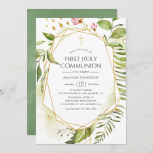 Invitación Geometric Crystal Greenery Holy Communia