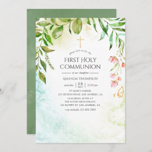 Invitación Geometric Crystal Greenery Holy Communia