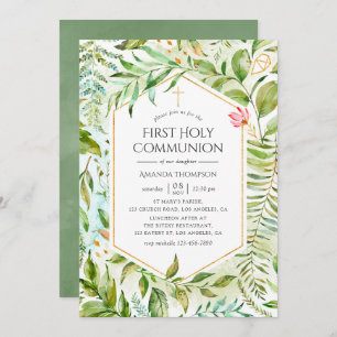 Invitación Geometric Crystal Greenery Holy Communia