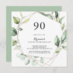 Invitación Geometric Elegant Gold Green 90th Cumpleaños Party<br><div class="desc">Esta geométrica y elegante invitación a la fiesta de cumpleaños 90 es perfecta para una simple fiesta de cumpleaños. El diseño se basa en hojas de eucalipto botánico pintadas a mano,  adornando un marco geométrico dorado.</div>