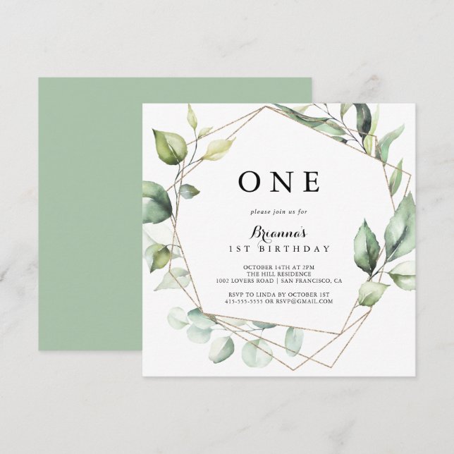 Invitación Geometric Elegant Gold Green First Birday Party (Anverso / Reverso)