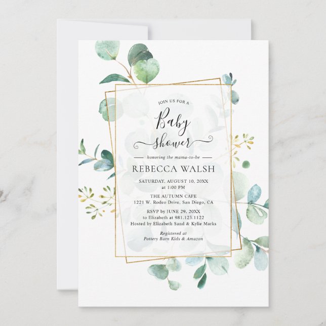 Invitación Geometric Eucalyptus Greenery Neutral Baby Shower (Anverso)