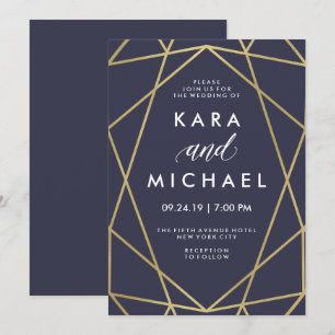 Invitación Geometric Faux Gold sobre el Boda azul de medianoc