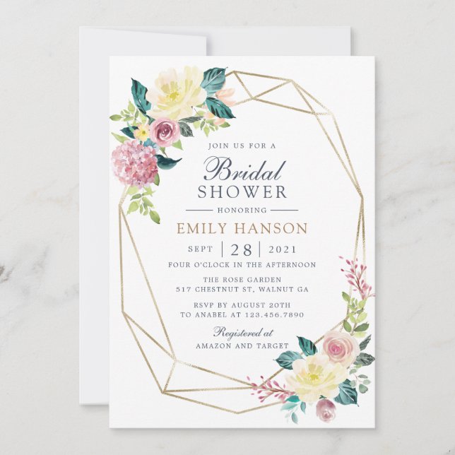 Invitación Geometric Floral Rubor Greenery Gold Bridal Shower (Anverso)