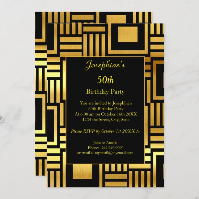 Invitación Geometric Gold Black 50th Birthday Party 2 (Anverso / Reverso)