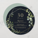 Invitación Geometric Gold Blue Green 30th Birthday Fiesta<br><div class="desc">Esta geométrica invitación a la fiesta de cumpleaños número 30 de color azul dorado es perfecta para una fiesta de cumpleaños moderna. El diseño está decorado con hermosas hojas verdes pintadas a mano en un fondo azul oscuro,  adornando un marco geométrico dorado.</div>