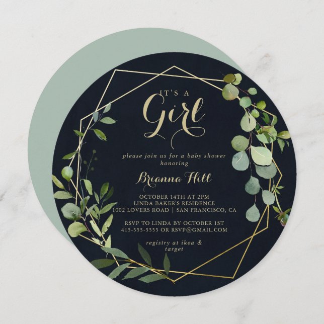 Invitación Geometric Gold Blue Green Es un Baby Shower Chica (Anverso / Reverso)
